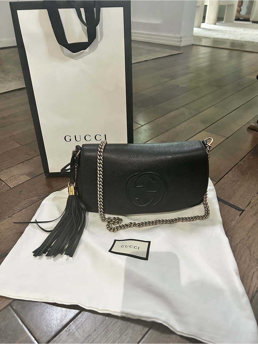 Gucci Black Soho Pebbled Leather Crossbody with Tassel Authentic